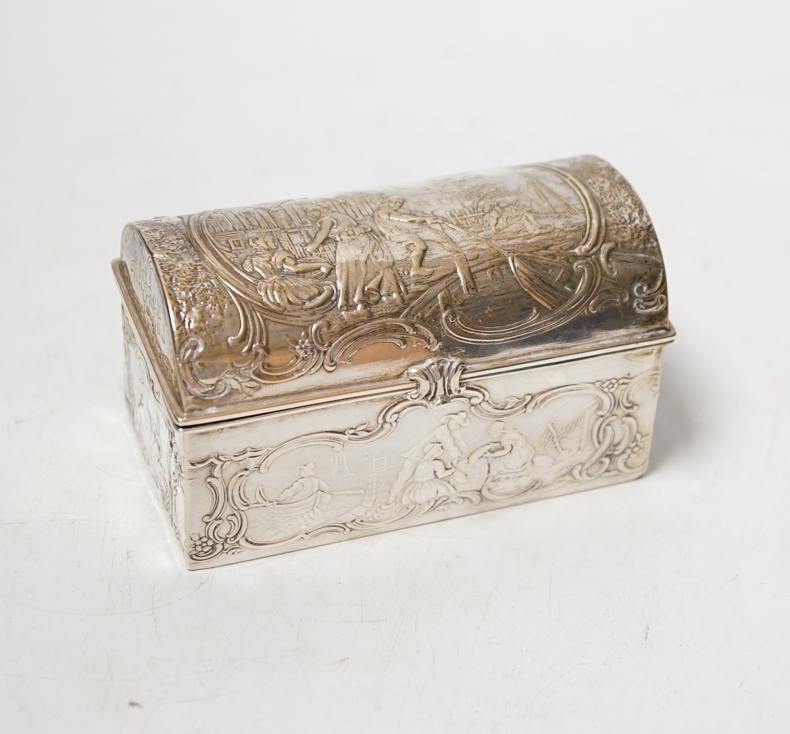 An early 20th century repousse Hanau silver box, modelled as a travelling trunk, import marks for Berthold Muller, Chester, 1903, width, 10cm.